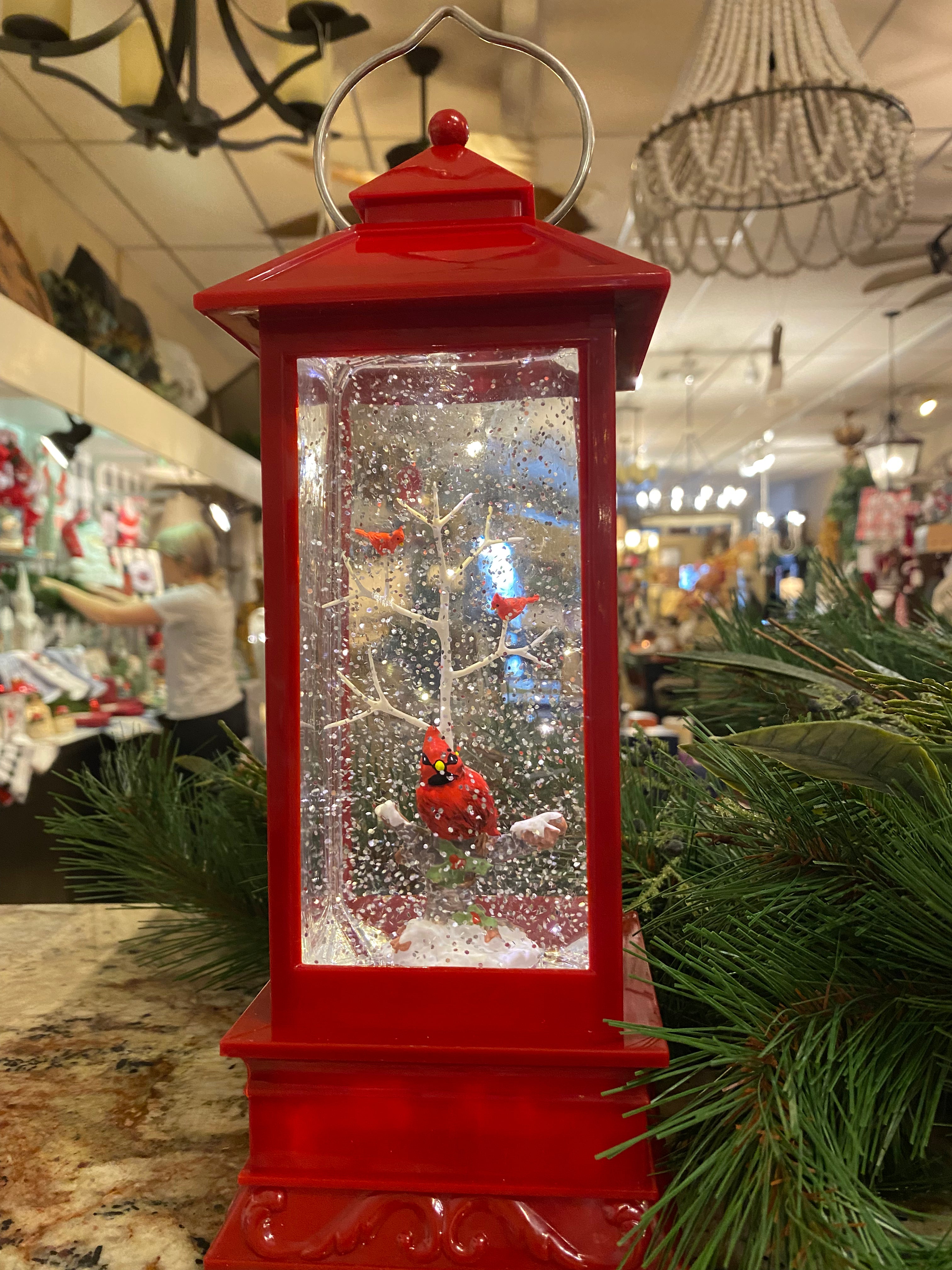 Red Lantern Snow Globe with Cardinals