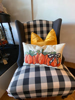 Load image into Gallery viewer, Three Pumpkin Pillow 12”x20” with Buffalo Check Bow
