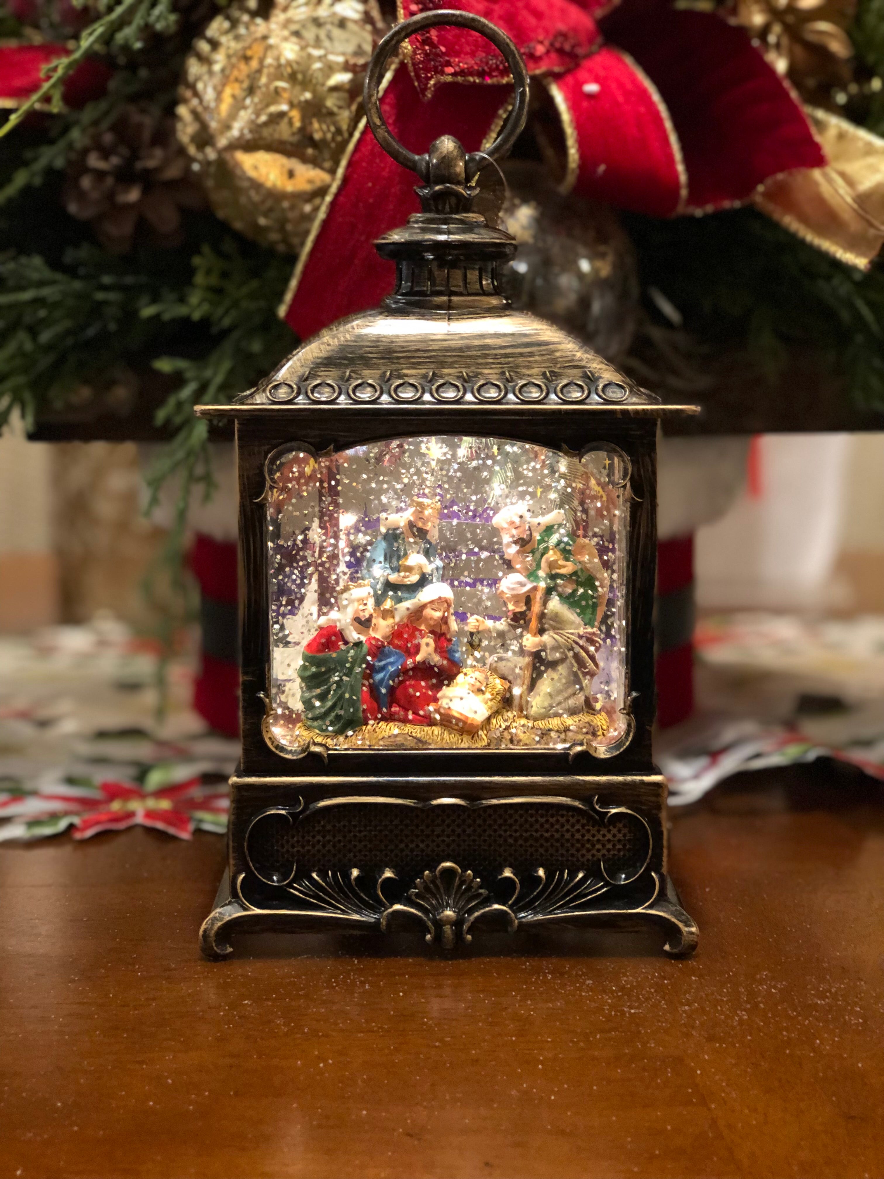 Nativity Holy Family Bronze Lantern Snow Globe with Light