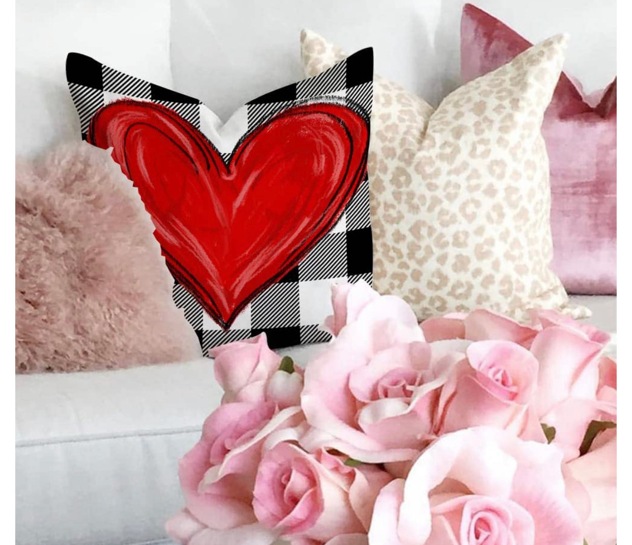 Valentines Day: Black & White Check Pillow with Red Heart