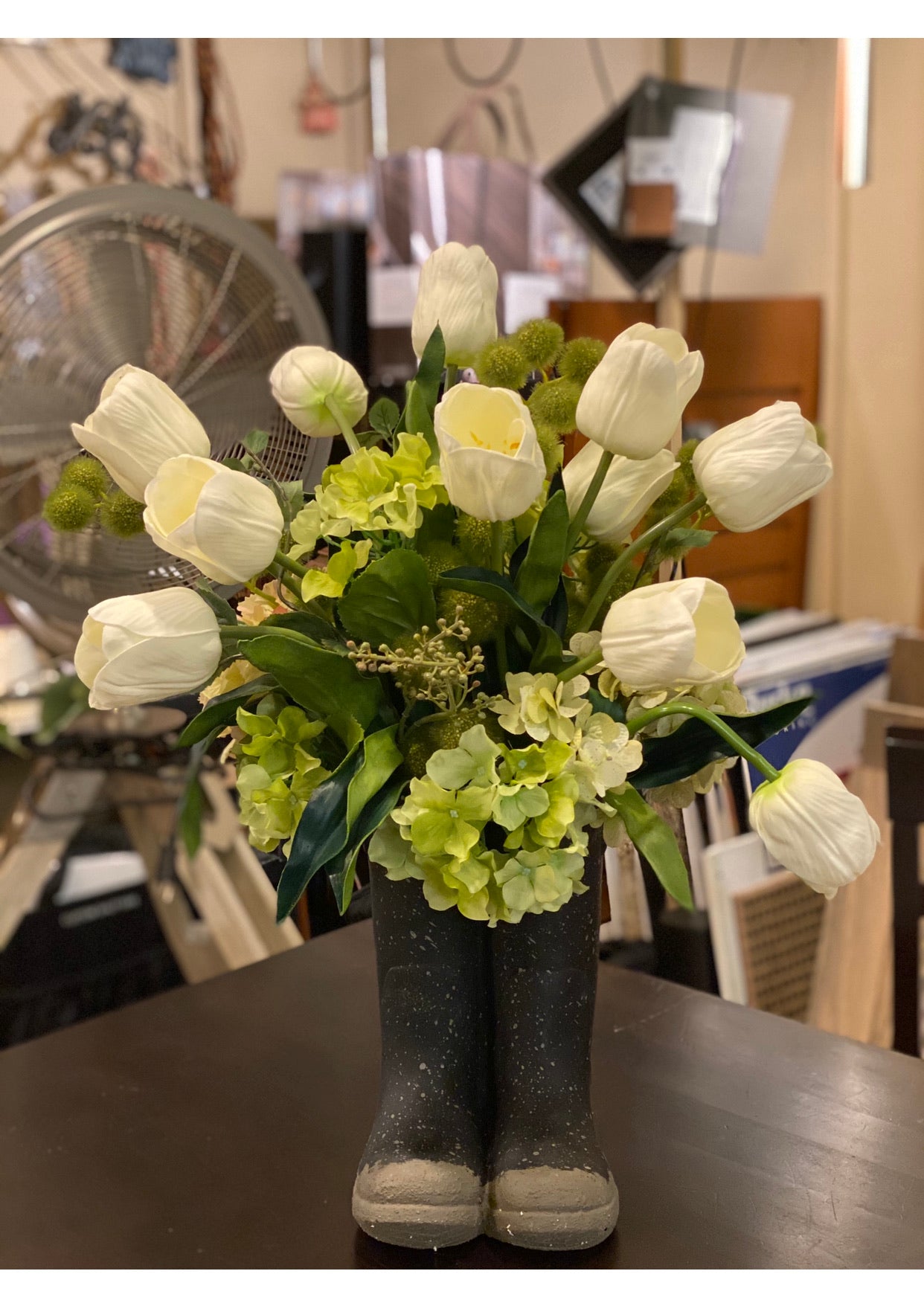 Rain Boots Tulip & Hydrangea Arrangement