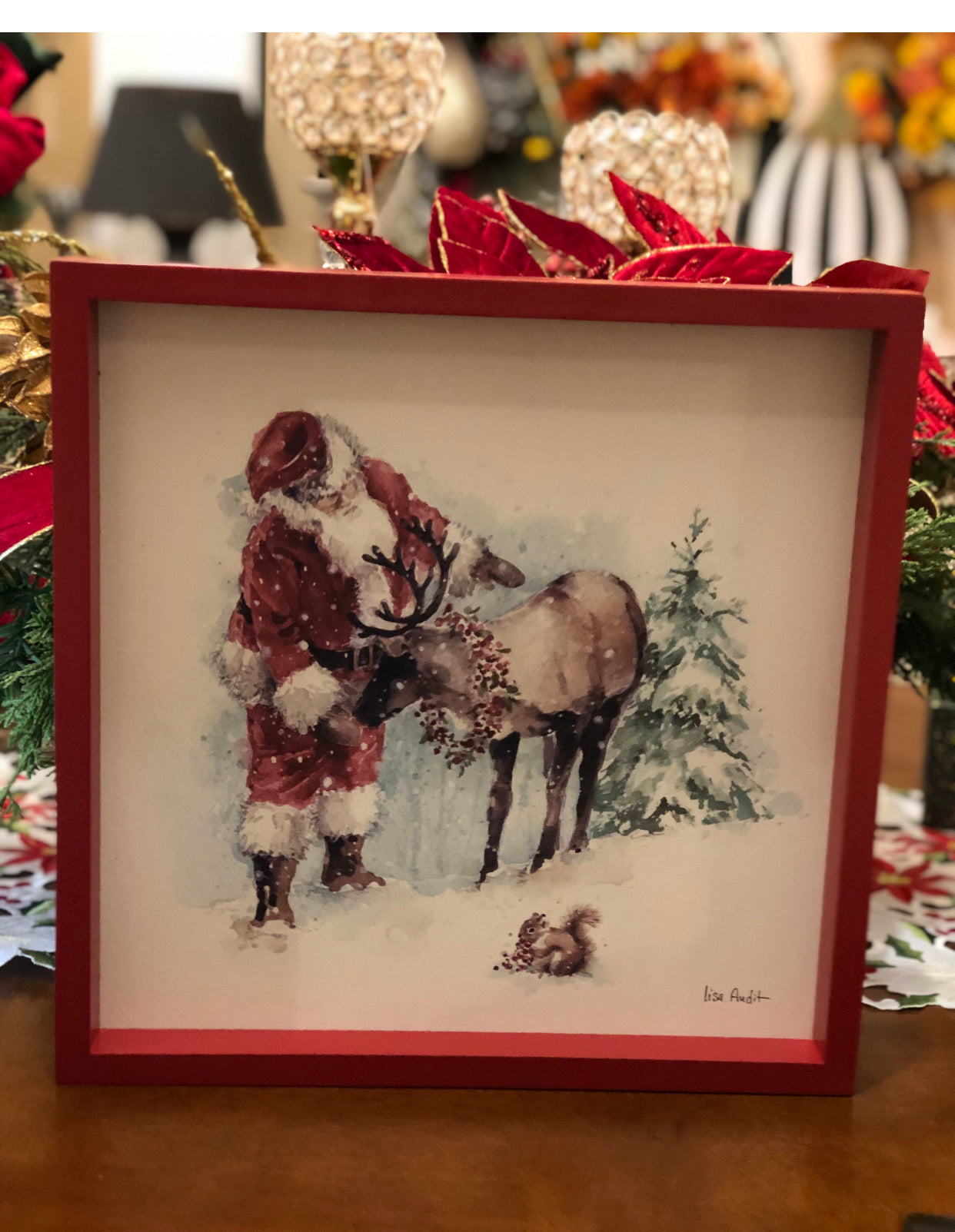 Santa Clause & Reindeer Picture Framed Red