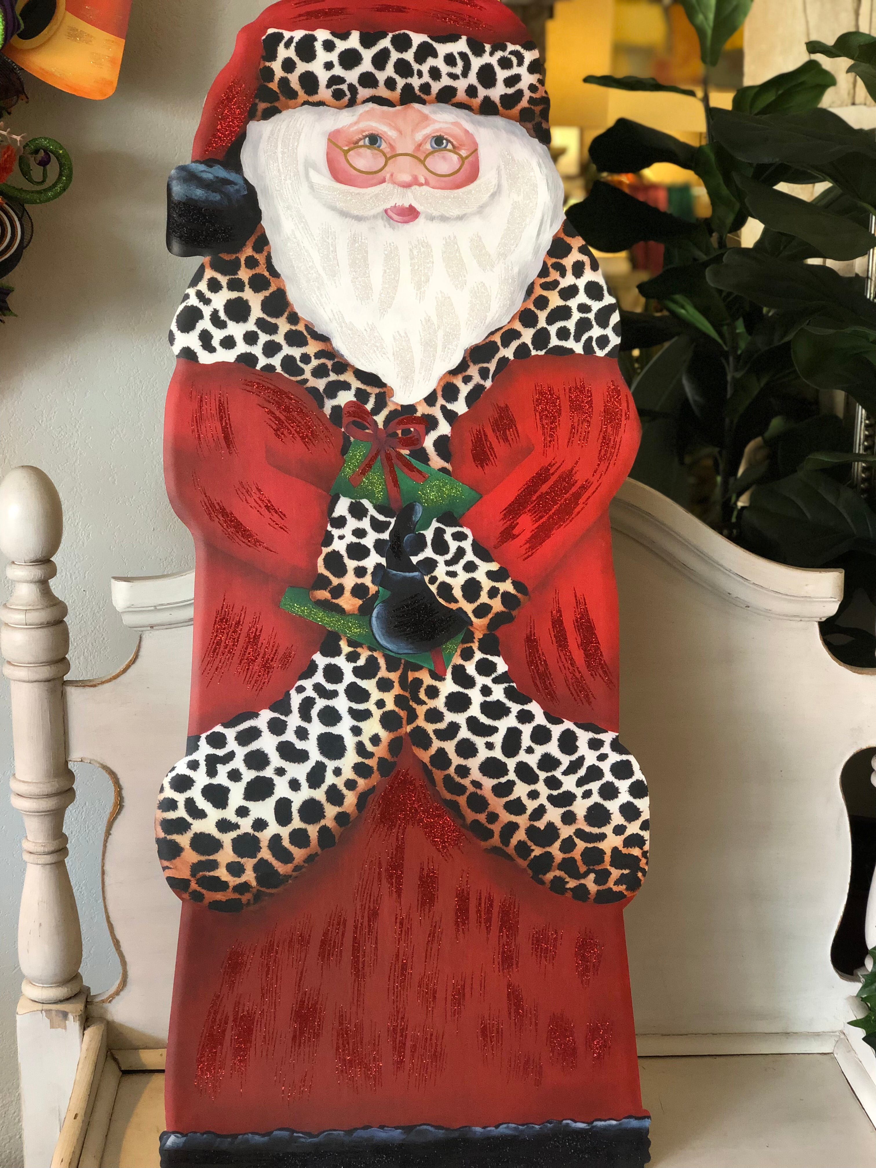 Leopard Santa in Long Coat Metal Outdoor/Indoorm