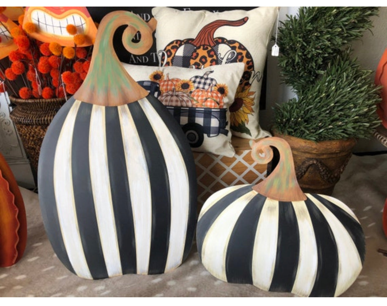 Set of 2: Large Black & White Tall & Short Striped Pumpkin Stake