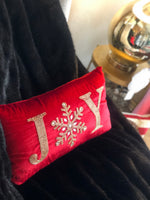 Load image into Gallery viewer, Red and Gold JOY Velvet Christmas Pillow
