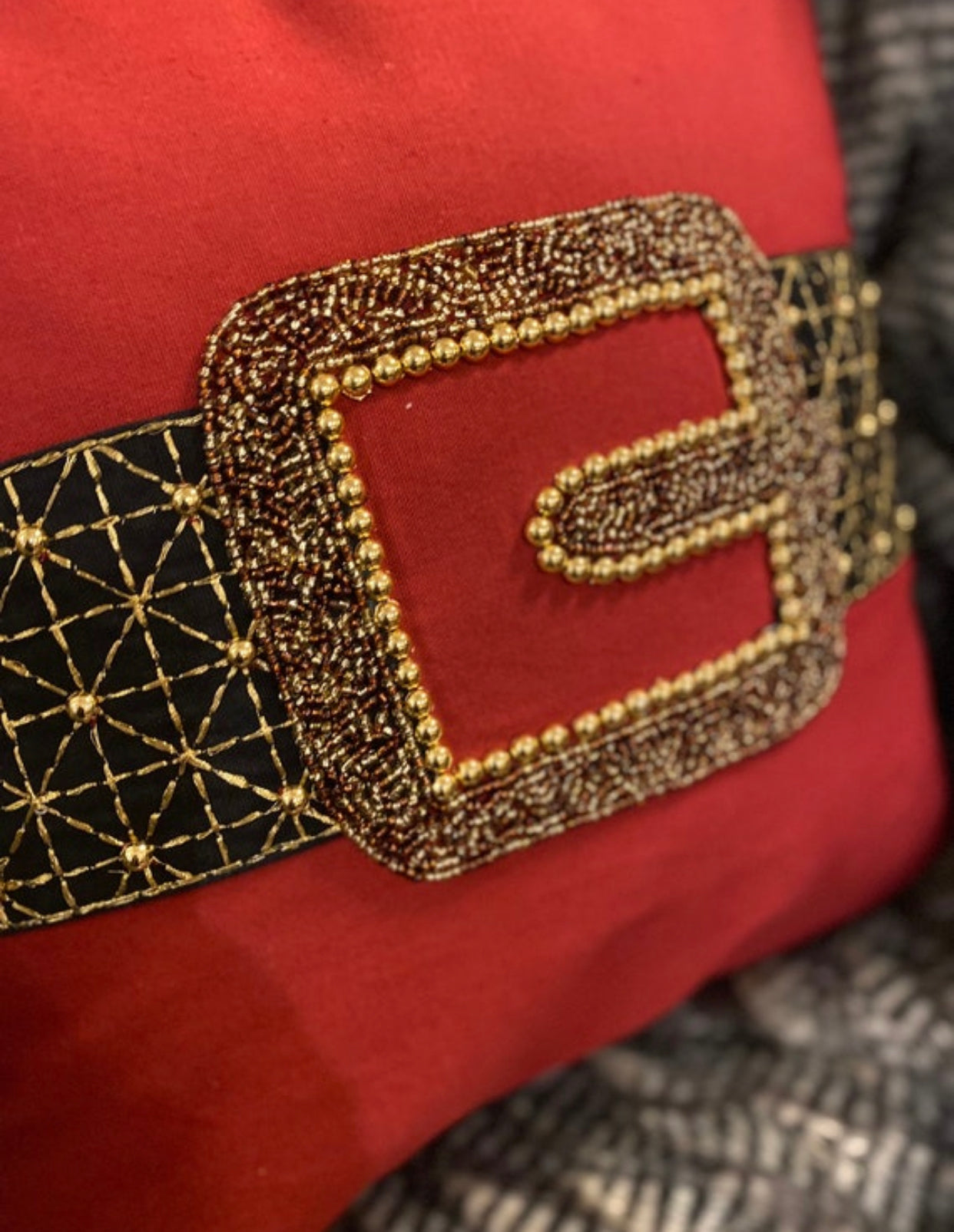 Santa Belt Beaded Red and Gold Pillow