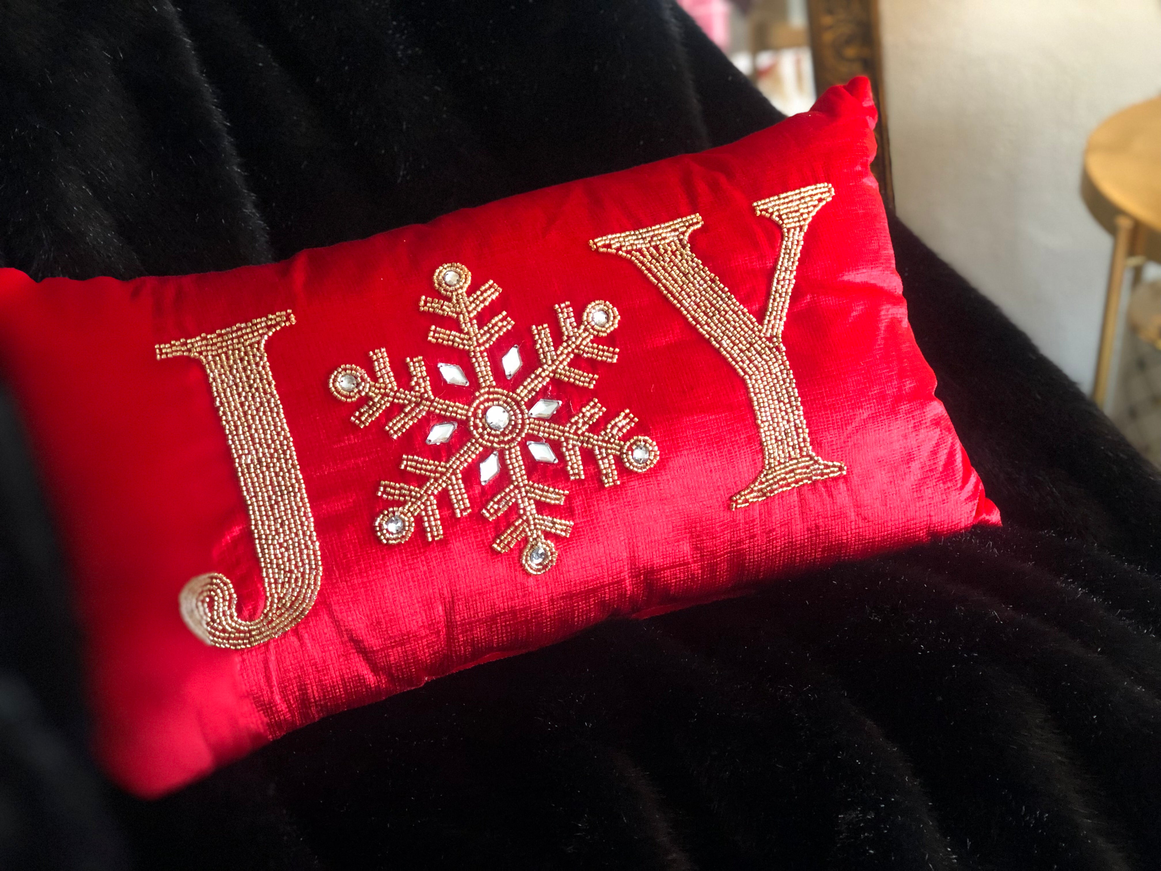 Red and Gold JOY Velvet Christmas Pillow MelizaInteriorsInc