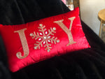 Load image into Gallery viewer, Red and Gold JOY Velvet Christmas Pillow
