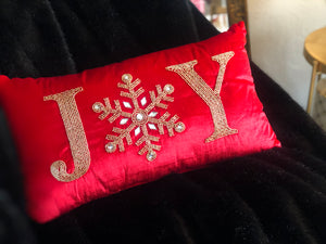 Red and Gold JOY Velvet Christmas Pillow