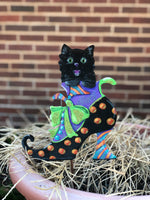 Load image into Gallery viewer, Fall/Halloween: Black Cat in Polka Dot Shoe Metal Stake
