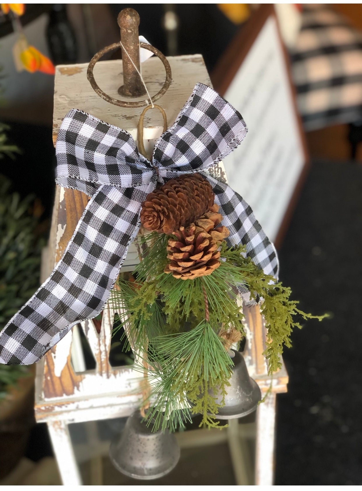 Buffalo Check Bow Black & White Hanging Bells