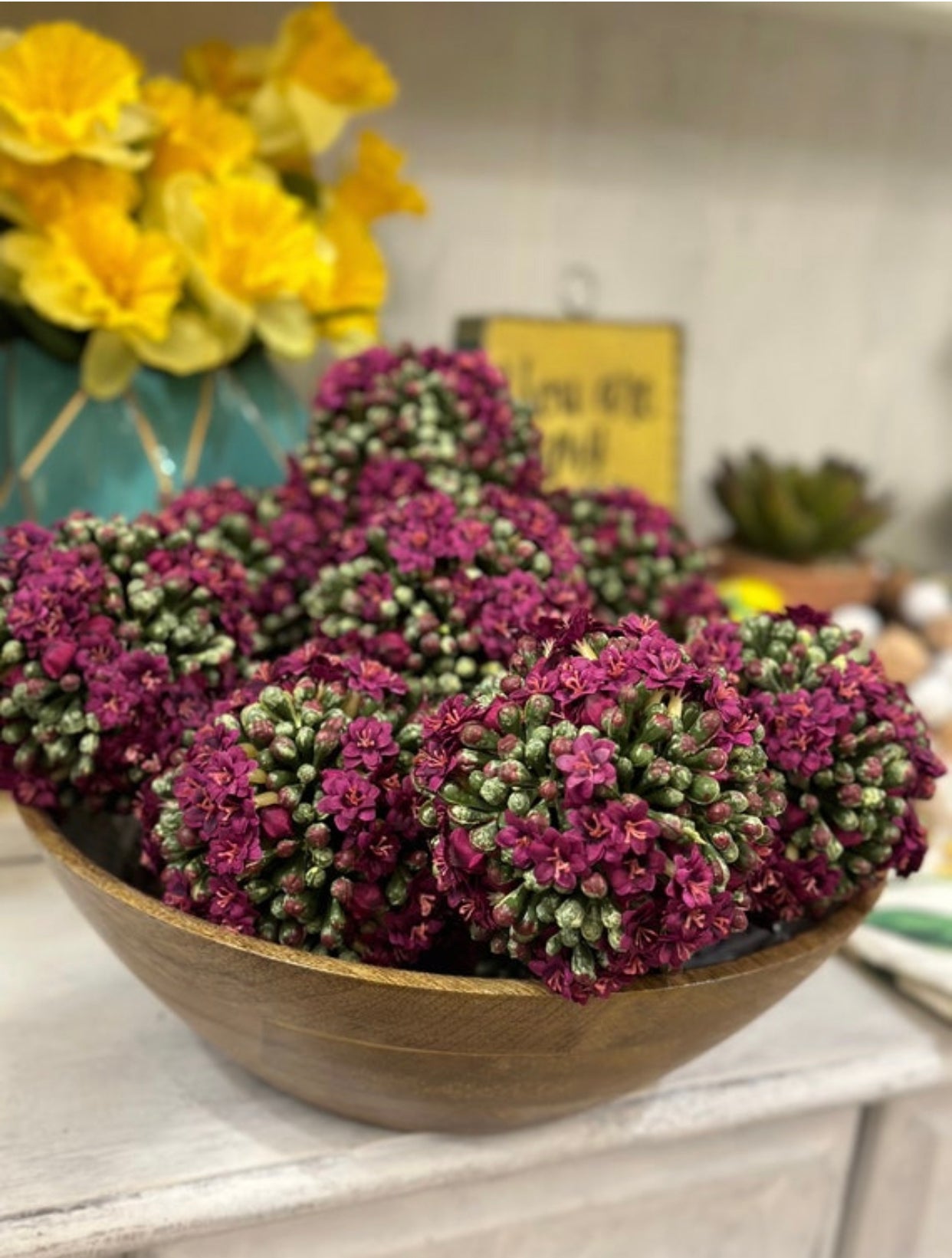 4” Set of 3 Faux Kalanchoe Balls in Purple and Green