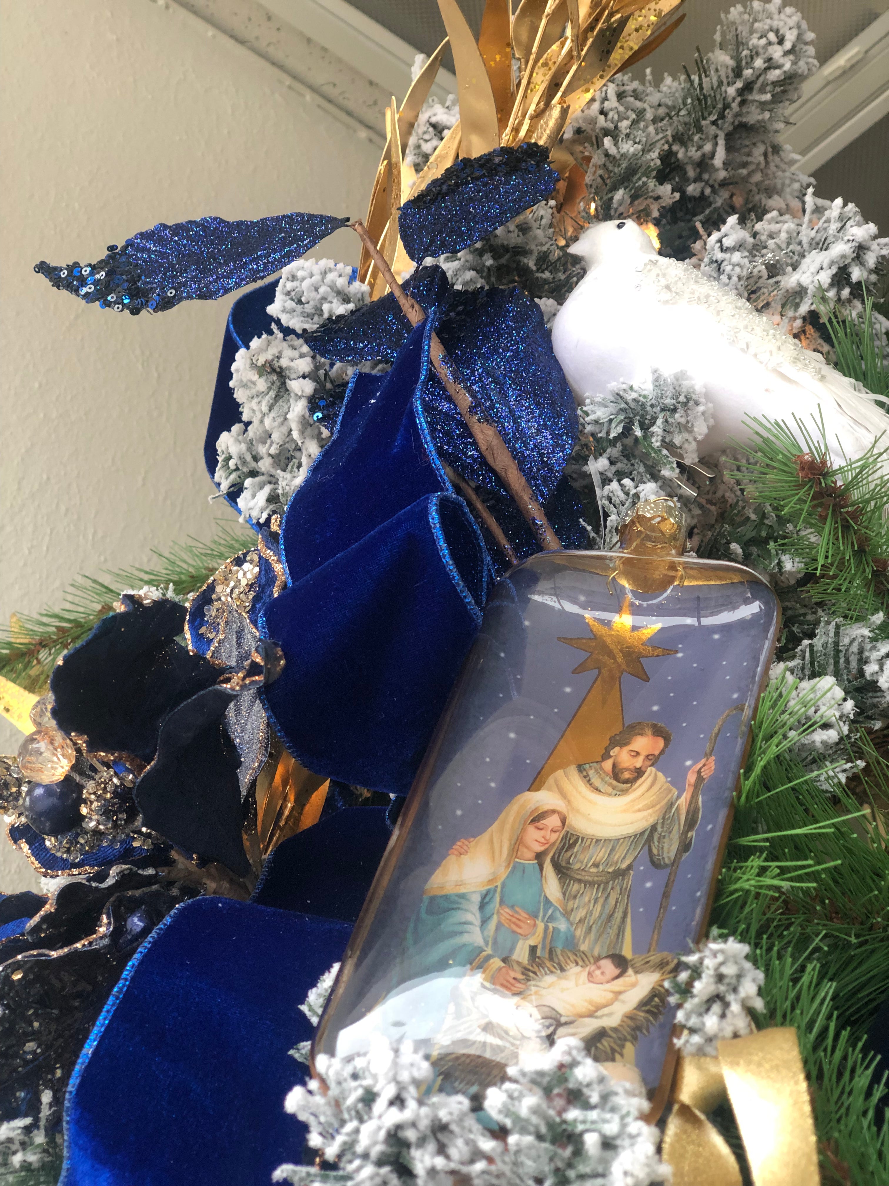 Glass Blue Nativity & Gold Ornament