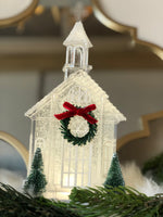 Load image into Gallery viewer, White Church Snow Globe with Blue Light
