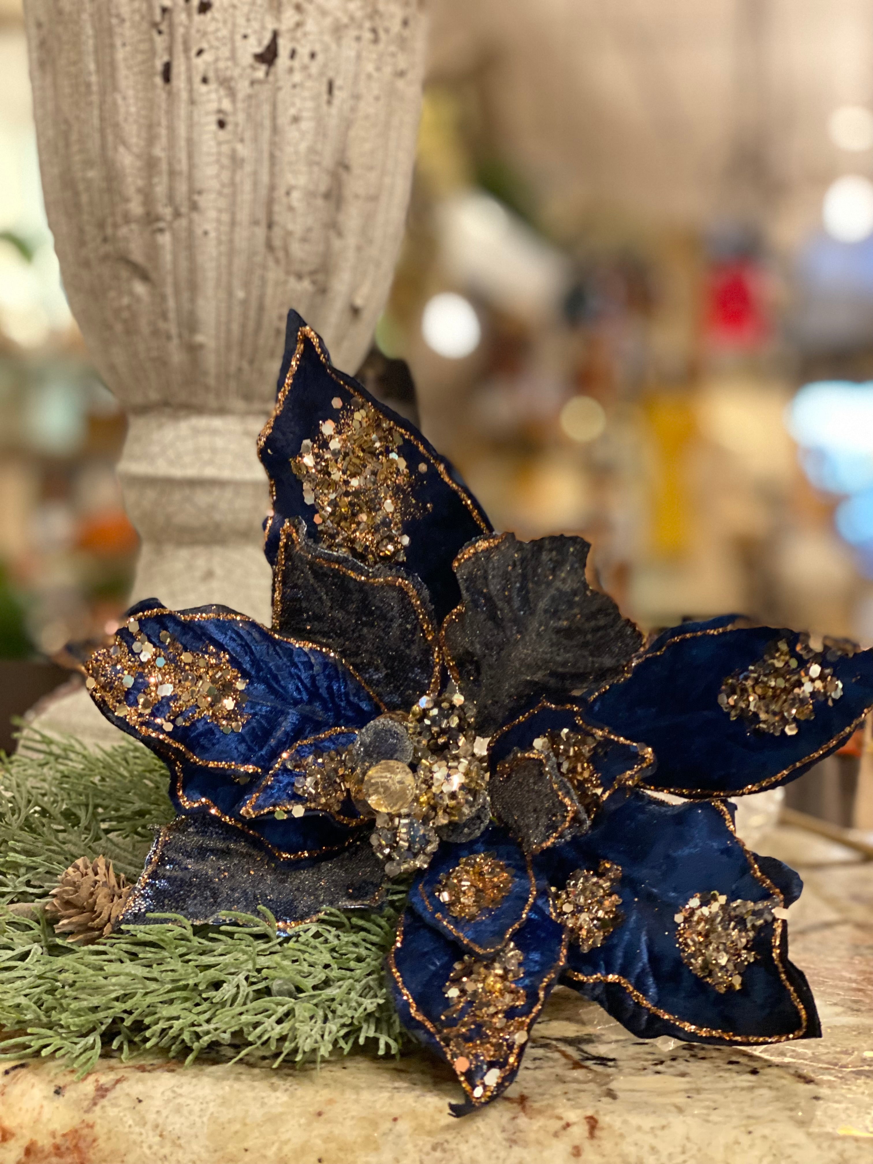 Navy/Blue Glam Velvet Poinsettia with Sequins Pack of 3