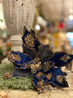 Load image into Gallery viewer, Navy/Blue Glam Velvet Poinsettia with Sequins Pack of 3
