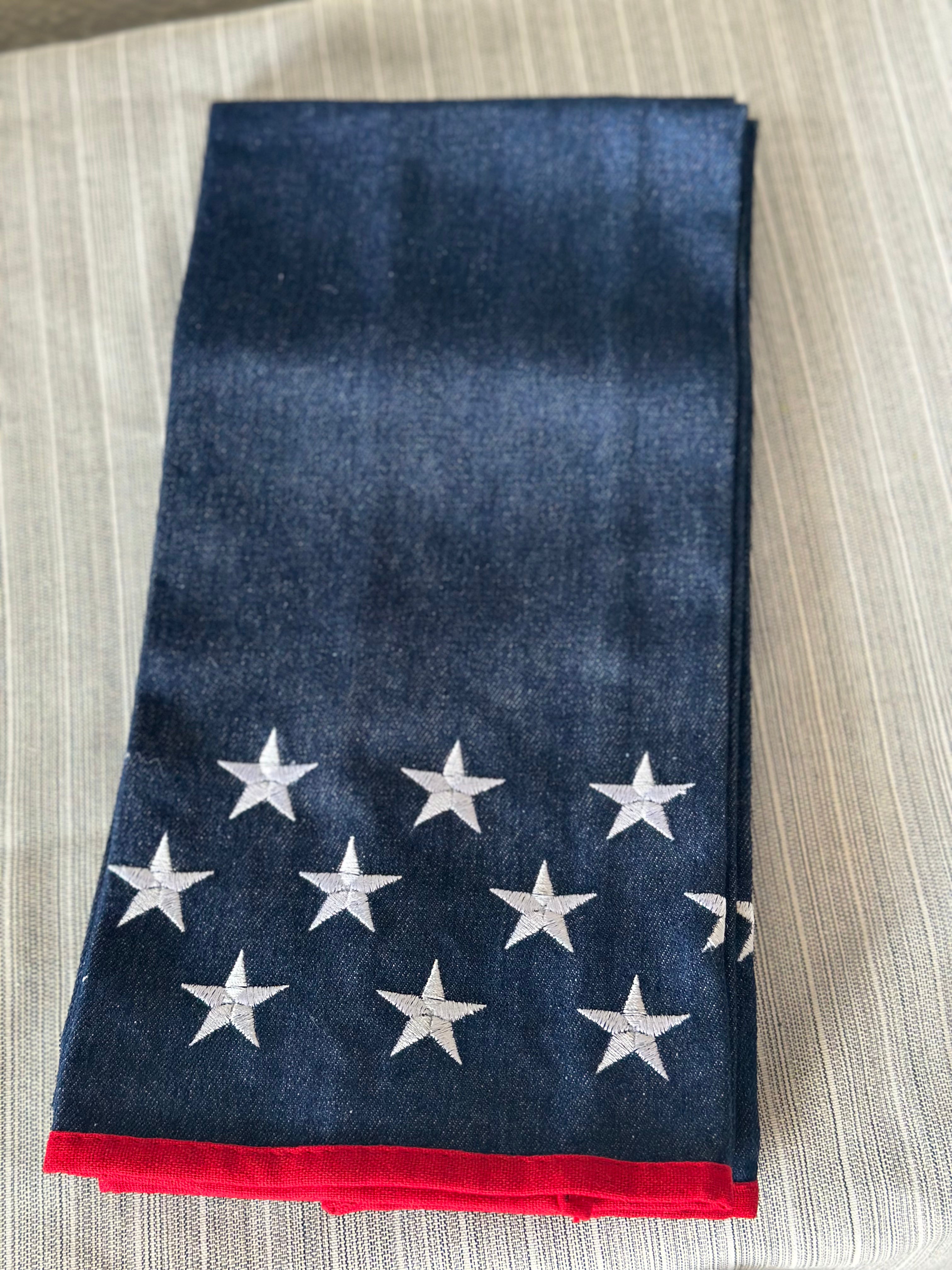 Denim Americana Hand Towel with Stars and Red Trim