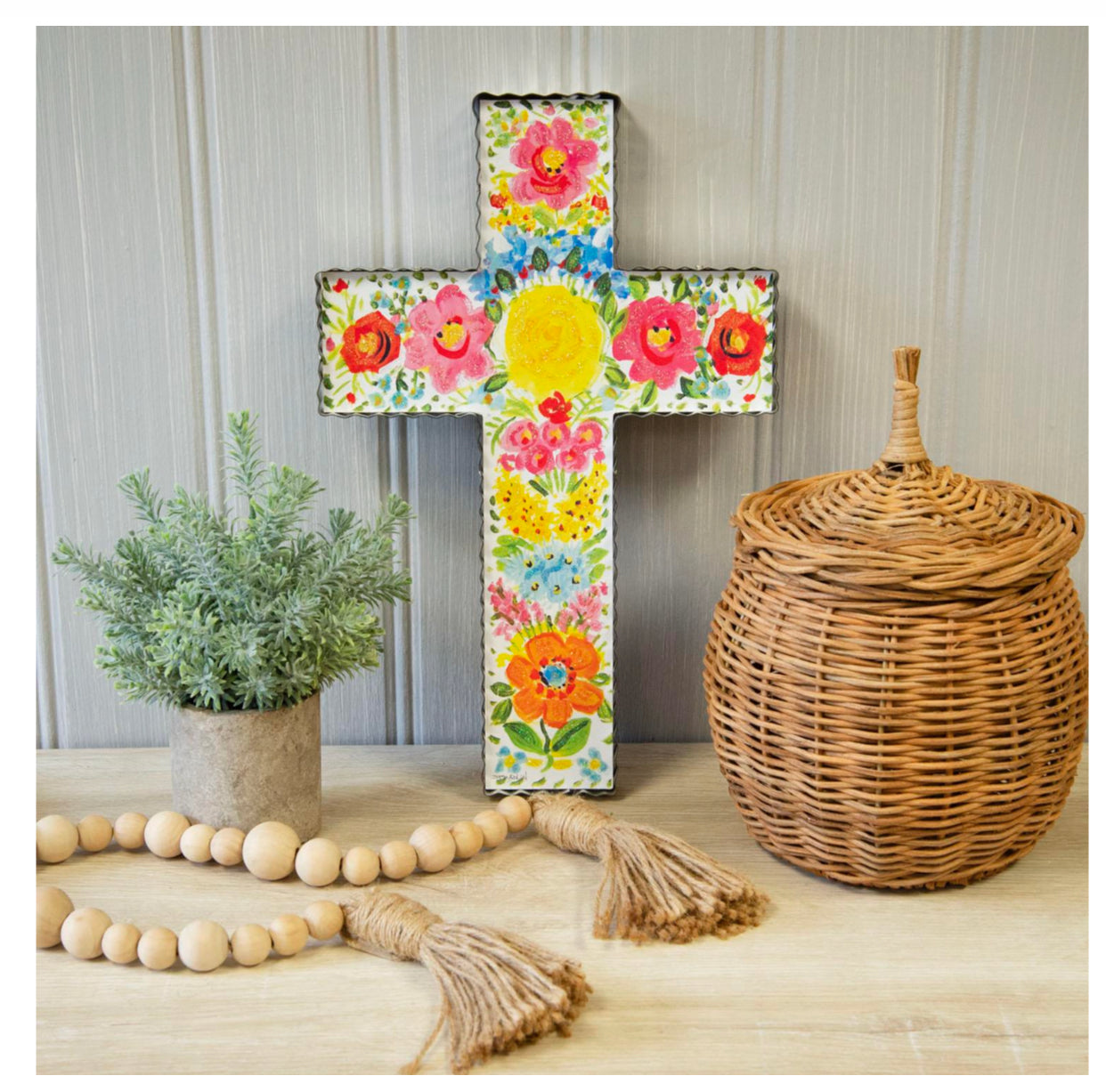 Bright Floral Cross with Galvanized Edges
