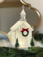 Load image into Gallery viewer, White Church Snow Globe with Blue Light
