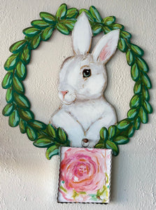 White Bunny Wreath Metal Hanging Decor Holds Mini Print