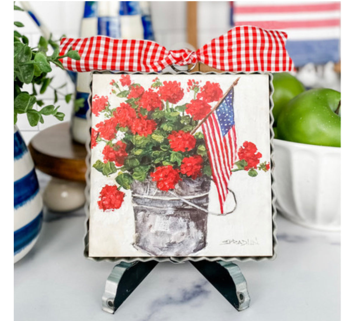 Americana: Bucket of Red Geraniums and American Flag Mini Print