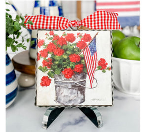 Americana: Bucket of Red Geraniums and American Flag Mini Print