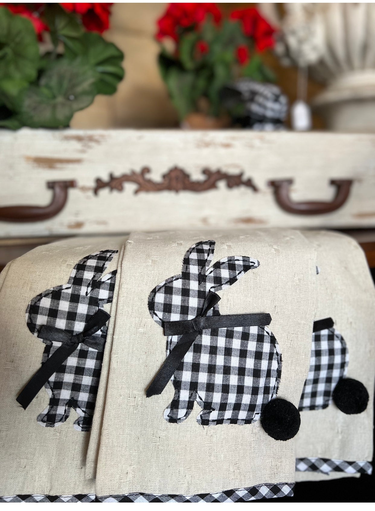 Black & White Gingham Bunnies Hand Towel