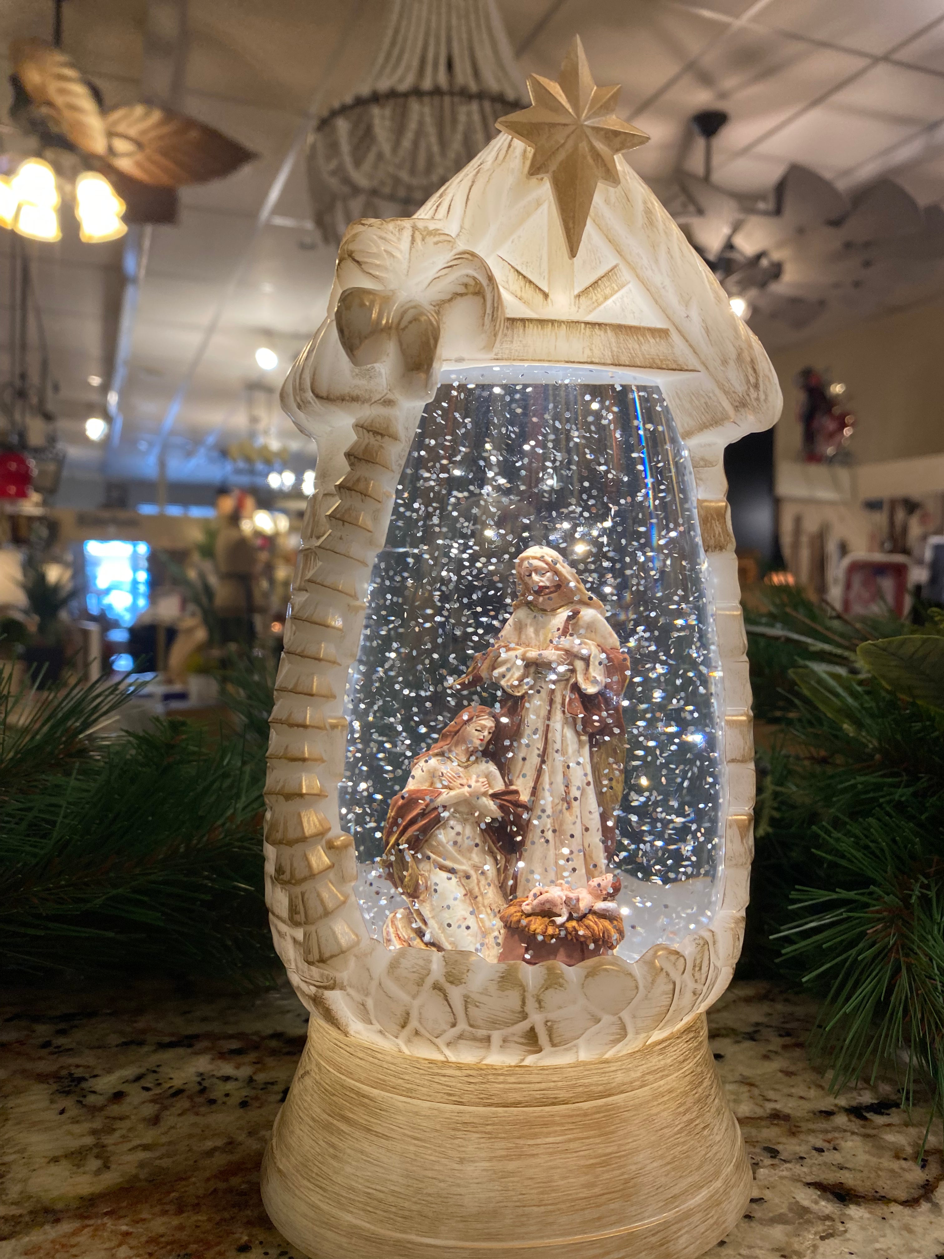 Snow globe with Holy Family LED Manger Scene and Star