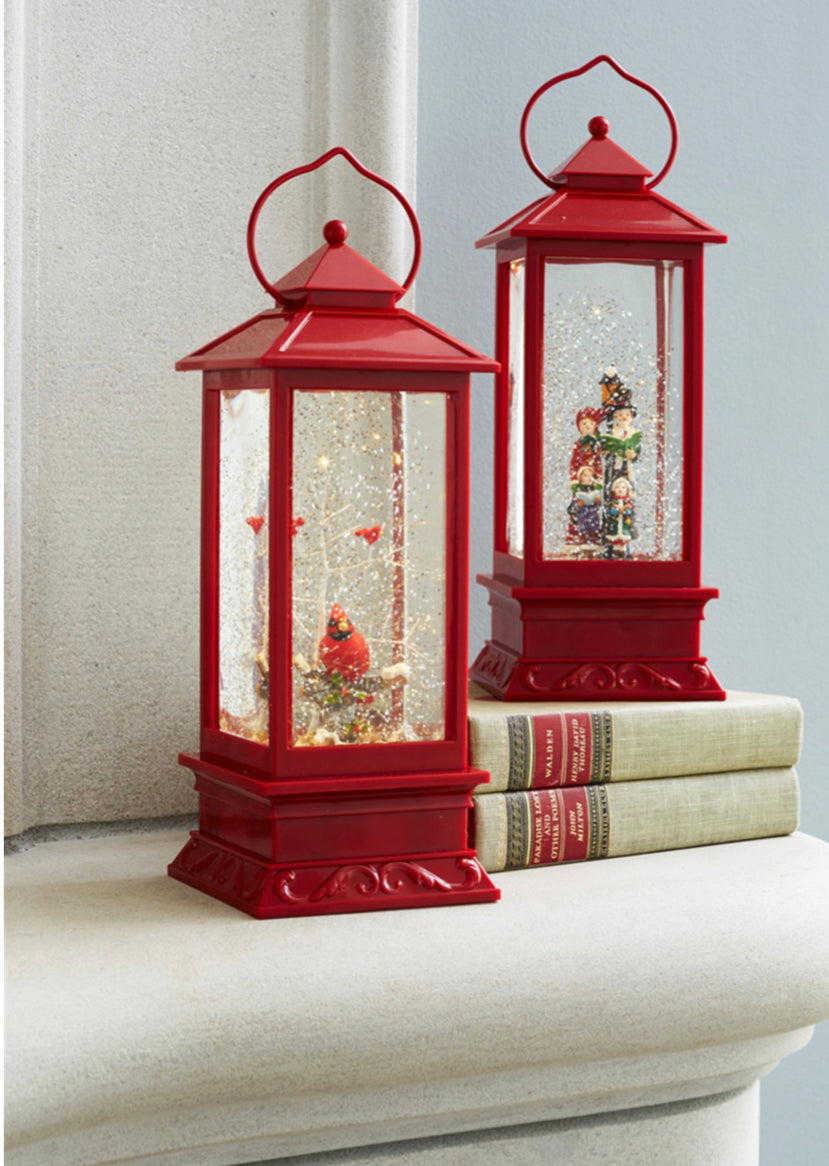 Red Lantern Snow Globe with Cardinals