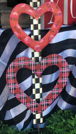 Load image into Gallery viewer, Valentine&#39;s Day: Three Hearts Metal Stake in Plaid, Floral and Xoxo
