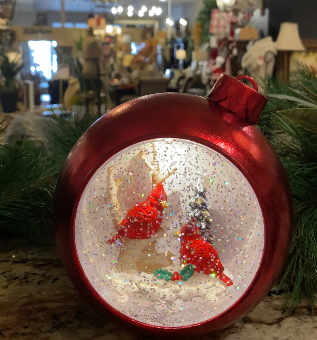 Musical🎵 Red Ornament Snow Globe with Cardinals