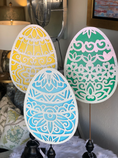 Set of 3 Large Glittered Metal Lace Easter Eggs Pastel Outdoor Stakes