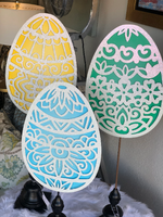 Load image into Gallery viewer, Set of 3 Large Glittered Metal Lace Easter Eggs Pastel Outdoor Stakes
